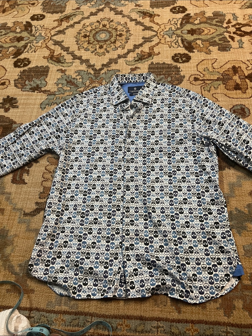 LUCHIANO VISCONTI  Blue & White Skull-Print Long-Sleeve Button-Down Shirt